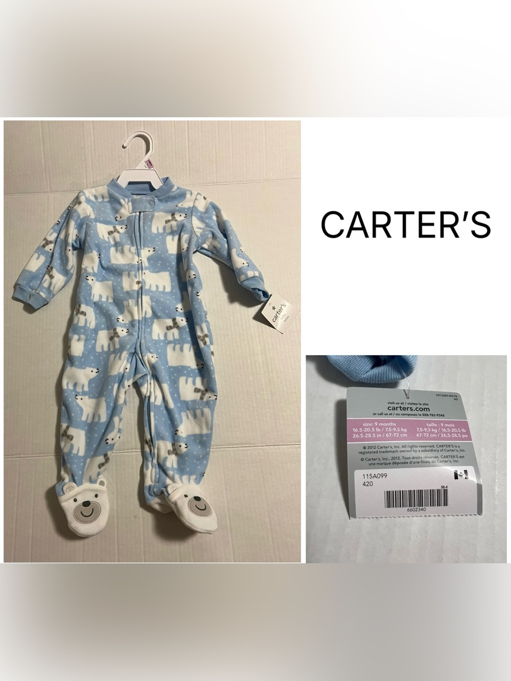 CARTER’S - 9M - NWT - INFANT BOYS BLUE POLAR BEAR FLEECE SLEEPER
